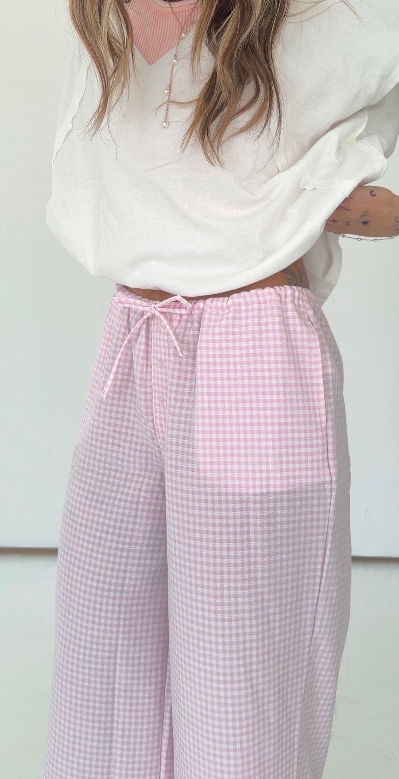 Gingham Drawstring Wide-Leg Pants