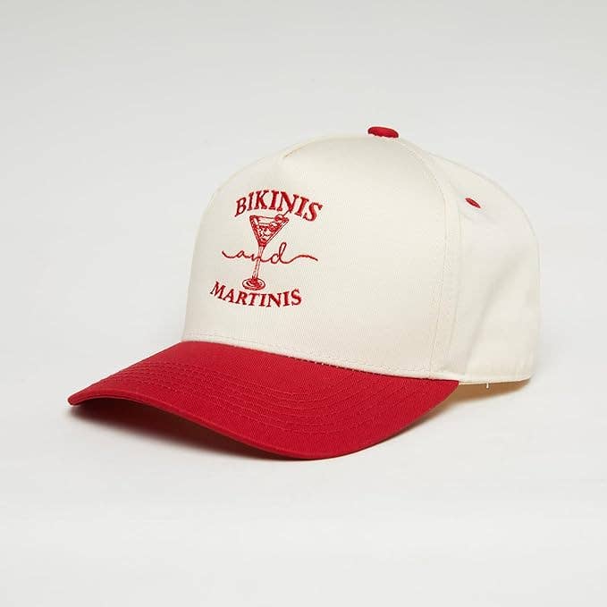 2-Tone Embroidered Cap - Bikinis and Martinis - Red/Beige