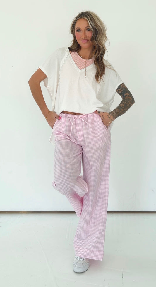 Gingham Drawstring Wide-Leg Pants
