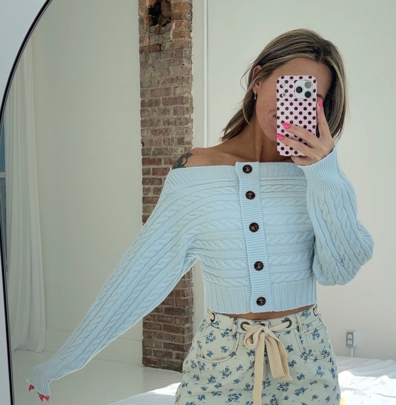 OFF-SHOULDER BUTTON DOWN SWEATER TOP