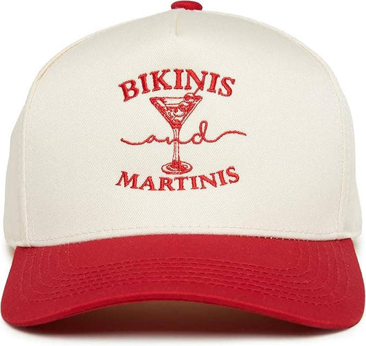2-Tone Embroidered Cap - Bikinis and Martinis - Red/Beige
